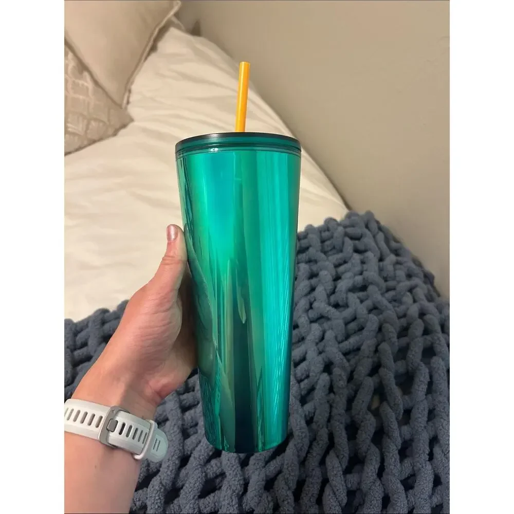 Starbucks Iridescent Emerald Green Tumbler with Yellow Straw